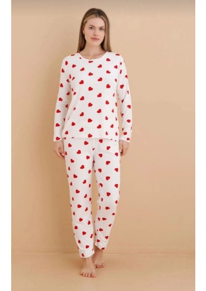 Bayan Pijama Takım Süet Soft Pamuklu Kumaş Kırmızı Kalp Desen Dar Kalıp Sevgililer Günü