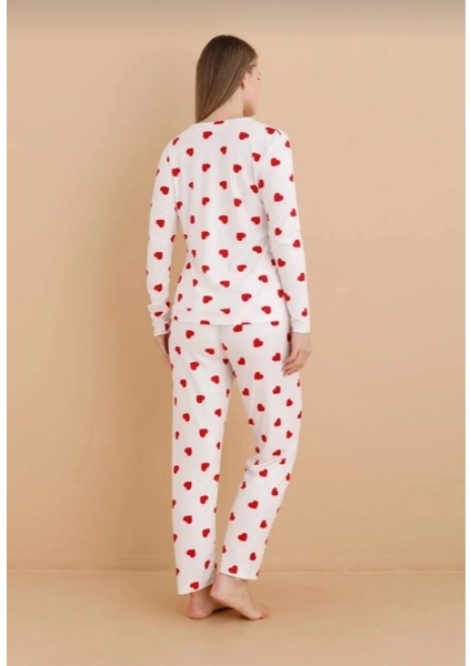 Bayan Pijama Takım Süet Soft Pamuklu Kumaş Kırmızı Kalp Desen Dar Kalıp Sevgililer Günü