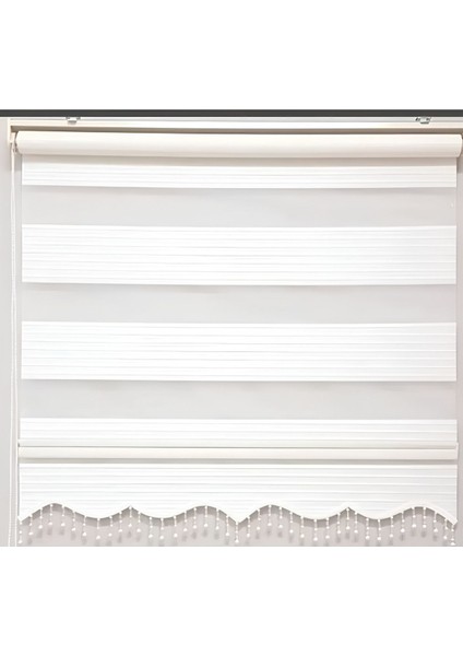 Beyaz Piliseli Boncuklu Kumaş Zebra Stor Perde