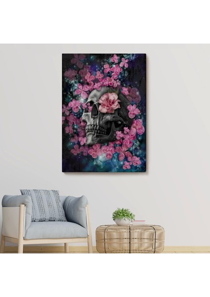 - Iskelet Kafa ve Pembe Çiçekler Kanvas Tablo Duvar SANATI-5234