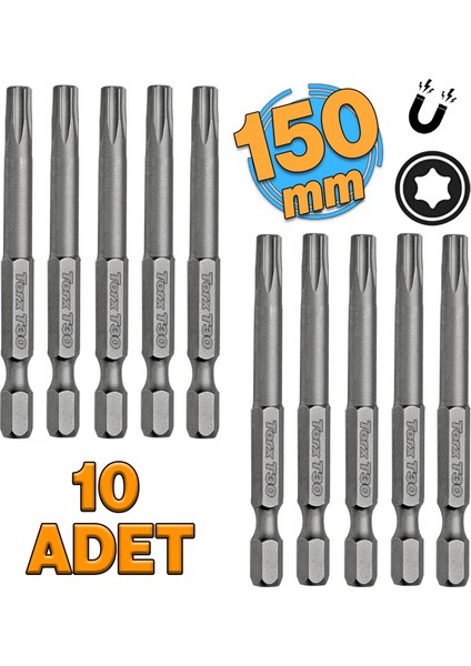 Mıknatıslı Torx T30 Bits Uç 150 mm 10'lu Set Kutulu Manyetik 1/4" Matkap Ucu Tork 15 cm Uzunluk