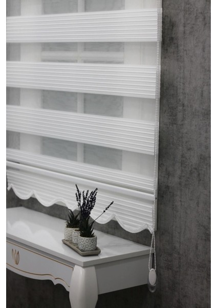 Ekru Geniş Plise Etek Dilimli Zebra Stor Güneşlik Perde fiyatları