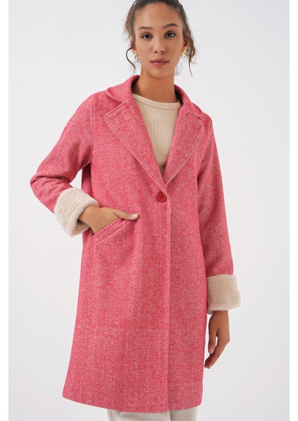 9145 Kadın Kolları Tüylü Balık Sırtı Kaşe Kaban - Bordo