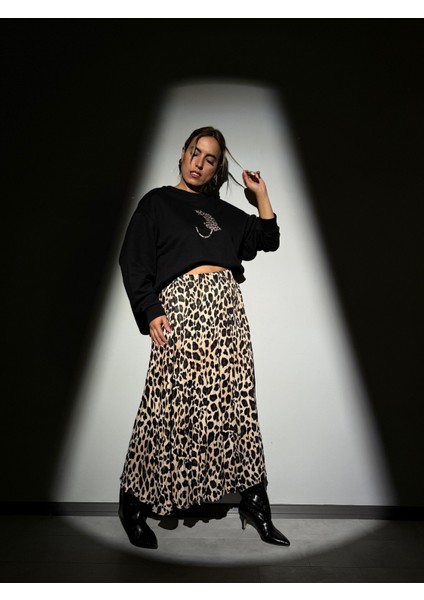 Leopar Desen Saten Kiloş Midi Boy Etek