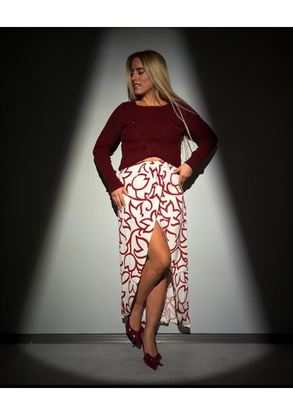 Bej Bordo Desenli Midi Etek