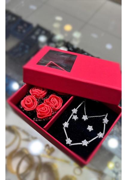 Gümüş Özel Kutusunda Yıldız Model Küpe Kolye Bileklik Set