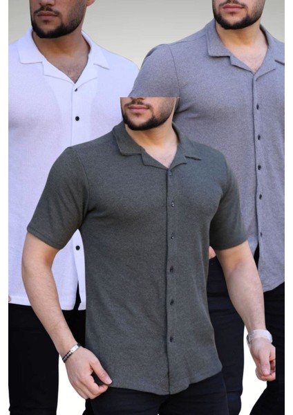 Erkek Beyaz Haki Gri Örme Kısa Kollu Gömlek 3lü Set