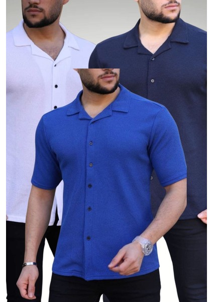 Erkek Beyaz Sax Mavi Lacivert Örme Kısa Kollu Gömlek 3lü Set