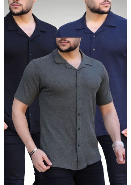 Erkek Siyah Haki Lacivert Örme Kısa Kollu Gömlek 3lü Set