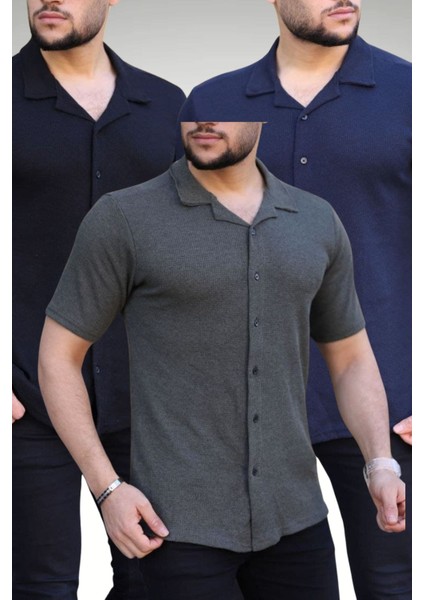 Erkek Siyah Haki Lacivert Örme Kısa Kollu Gömlek 3lü Set
