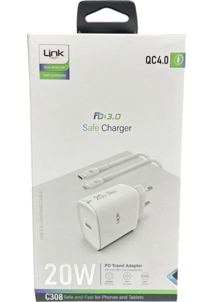 Link Tech C308 Safe Tip-C Lightning Kablolu 20W Hızlı Şarj Cihazı