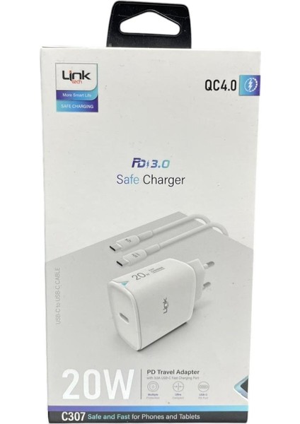 Link Tech C307 Safe Tip-C Kablolu 20W Hızlı Şarj Cihazı