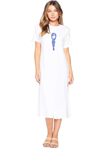 Örgü Saçlar Beyaz Kısa Kollu Penye Uzun Elbise