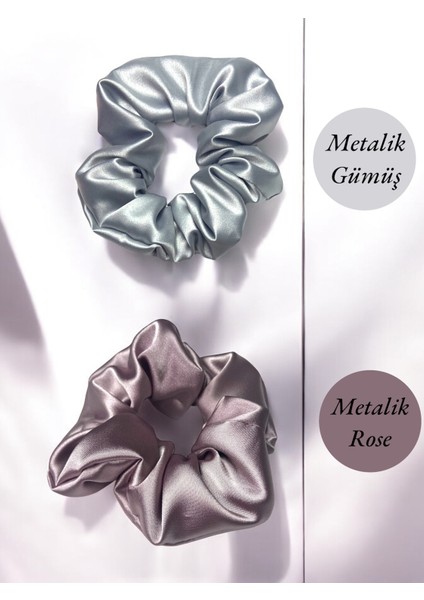 Handmade Metalik Rose & Gümüş Saten Lastik Toka Seti