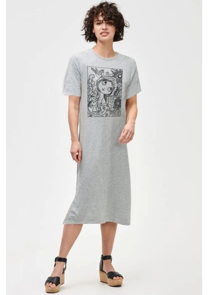 Doğal Kız Gri Kısa Kollu Penye Uzun Elbise