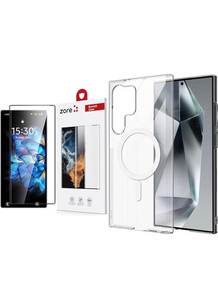 Galaxy S25 Ultra Kılıf Sararma Yapmayan Kamera Korumalı Magsafe Sert PC Zore Porto Kapak + Zore Dias Cam Ekran Koruyucu