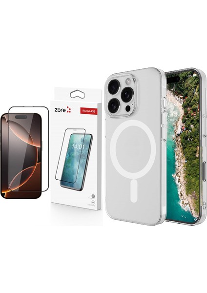 iPhone 14 Pro Max Kılıf Sararma Yapmayan Kamera Korumalı Magsafe Sert PC Zore Porto Kapak + Zore Rio Glass Cam Ekran Koruyucu
