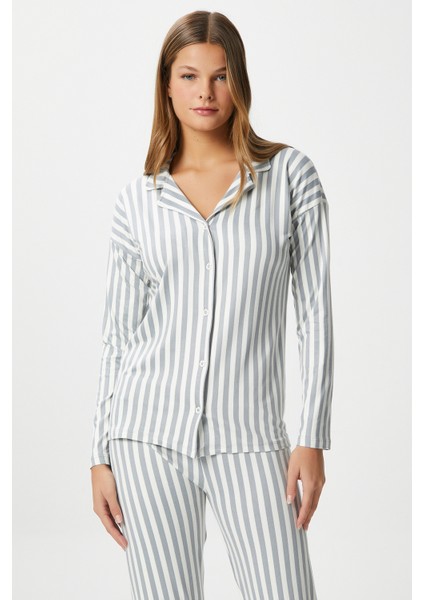 Kadın Secret Extra Soft Gri Beyaz Çizgili Pijama Takımı