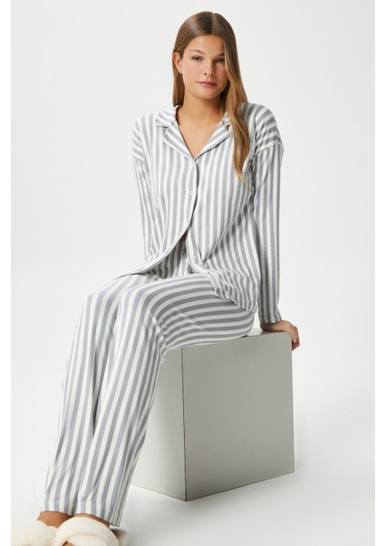 Kadın Secret Extra Soft Gri Beyaz Çizgili Pijama Takımı
