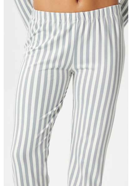 Kadın Secret Extra Soft Gri Beyaz Çizgili Pijama Takımı