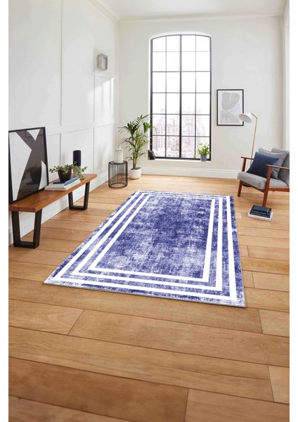 Çerçeveli Sade Çizgi Desenli Yıkanabilir Kaymaz Yolluk Mutfak Salon Halısı, Çerçeveli-53-Lacivert,
