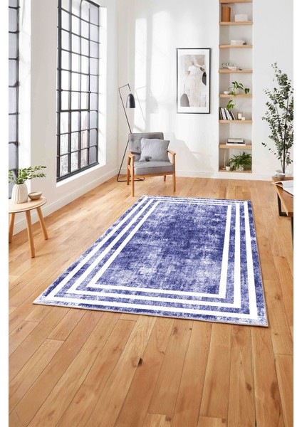 Çerçeveli Sade Çizgi Desenli Yıkanabilir Kaymaz Yolluk Mutfak Salon Halısı, Çerçeveli-53-Lacivert, fırsatları