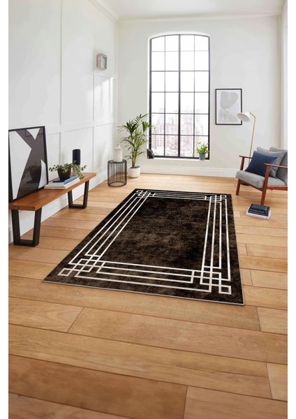 Çerçeveli Zigzag Köşe Detaylı Yıkanabilir Kaymaz Yolluk Mutfak Salon Halısı, Çerçeveli-58-Kahve,