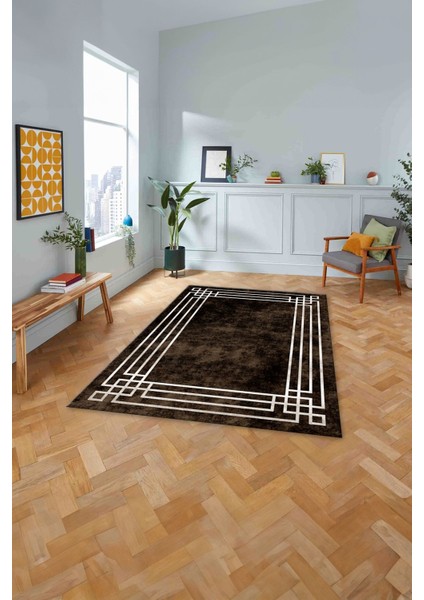 Çerçeveli Zigzag Köşe Detaylı Yıkanabilir Kaymaz Yolluk Mutfak Salon Halısı, Çerçeveli-58-Kahve,