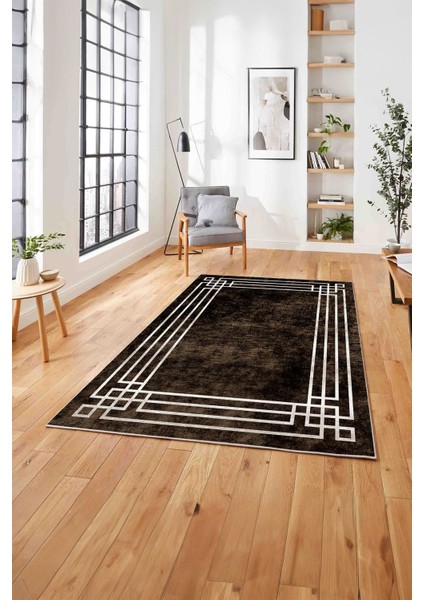 Çerçeveli Zigzag Köşe Detaylı Yıkanabilir Kaymaz Yolluk Mutfak Salon Halısı, Çerçeveli-58-Kahve,