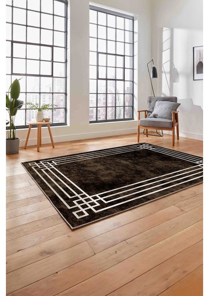 Çerçeveli Zigzag Köşe Detaylı Yıkanabilir Kaymaz Yolluk Mutfak Salon Halısı, Çerçeveli-58-Kahve,