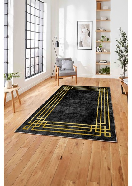 Çerçeveli Zigzag Köşe Detaylı Yıkanabilir Kaymaz Yolluk Mutfak Salon Halısı, Çerçeveli-58-Gold, fırsatları