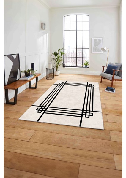 Çerçeveli Geometrik Motifli Yıkanabilir Kaymaz Yolluk Mutfak Salon Halısı, Çerçeveli-67-Siyah,