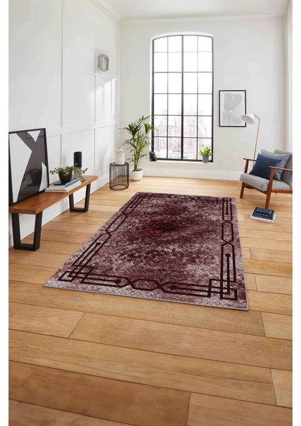 Çerçeveli Hitit Kesme Modelli Yıkanabilir Kaymaz Yolluk Mutfak Salon Halısı, Çerçeveli-63-Bordo,