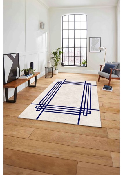 Çerçeveli Geometrik Motifli Yıkanabilir Kaymaz Yolluk Mutfak Salon Halısı, Çerçeveli-67-Lacivert,