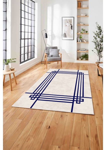 Çerçeveli Geometrik Motifli Yıkanabilir Kaymaz Yolluk Mutfak Salon Halısı, Çerçeveli-67-Lacivert, fırsatları