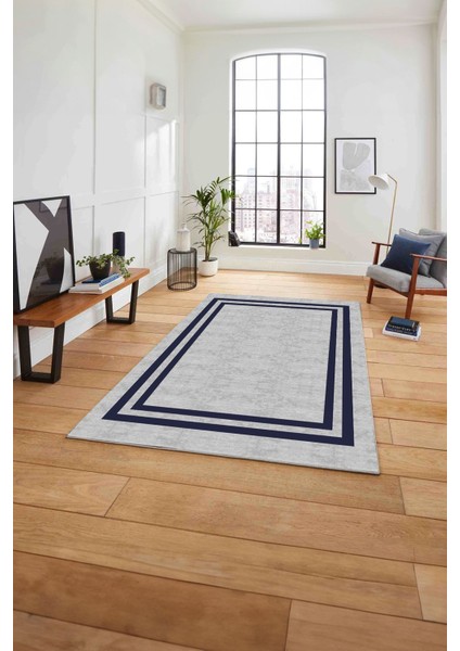 Çerçeveli Kenar Çizgi Desenli Yıkanabilir Kaymaz Yolluk Mutfak Salon Halısı, Çerçeveli-56-Lacivert,