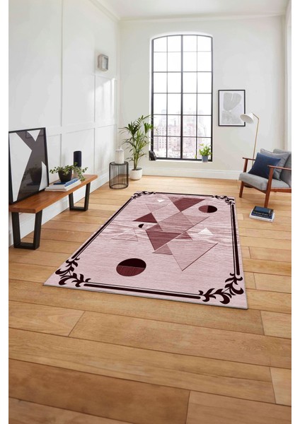 Çerçeveli Üçgen Desenli Yıkanabilir Kaymaz Yolluk Mutfak Salon Halısı, Çerçeveli-84-Bordo,