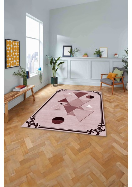 Çerçeveli Üçgen Desenli Yıkanabilir Kaymaz Yolluk Mutfak Salon Halısı, Çerçeveli-84-Bordo, modelleri