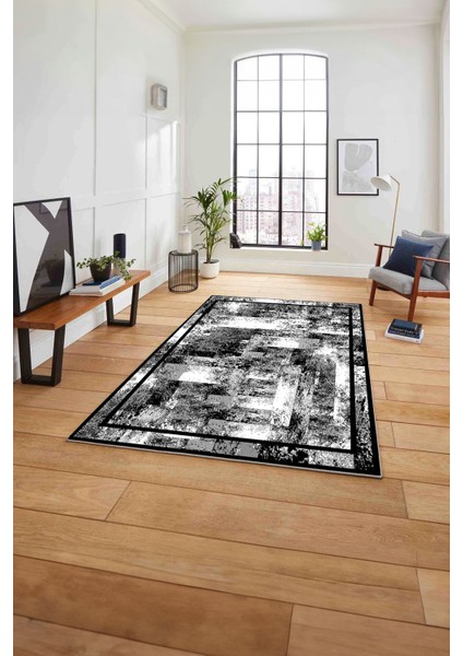 Çerçeveli Modern Dijital Baskılı Yıkanabilir Kaymaz Yolluk Mutfak Salon Halısı, Çerçeveli-77-Gri,