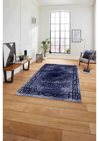 Çerçeveli Hitit Kesme Modelli Yıkanabilir Kaymaz Yolluk Mutfak Salon Halısı, Çerçeveli-63-Lacivert,