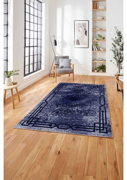 Çerçeveli Hitit Kesme Modelli Yıkanabilir Kaymaz Yolluk Mutfak Salon Halısı, Çerçeveli-63-Lacivert,