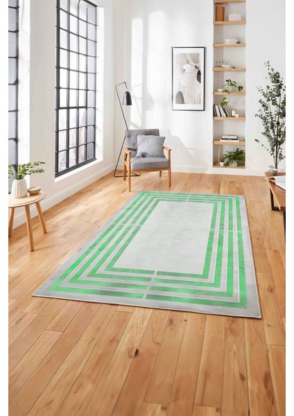 Çerçeveli Dikdörtgen Çizgili Yıkanabilir Kaymaz Yolluk Mutfak Salon Halısı, Çerçeveli-103-Yeşil,