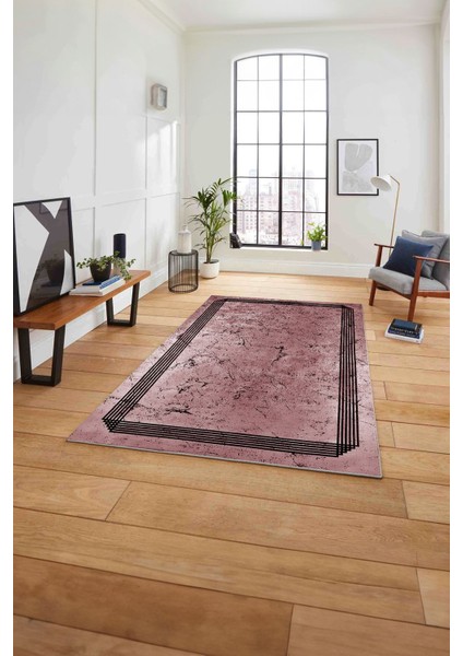 Çerçeveli Sade Mermer Desenli Yıkanabilir Kaymaz Yolluk Mutfak Salon Halısı, Çerçeveli-105-Bordo,