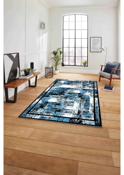 Çerçeveli Modern Dijital Baskılı Yıkanabilir Kaymaz Yolluk Mutfak Salon Halısı, Çerçeveli-77-Mavi,