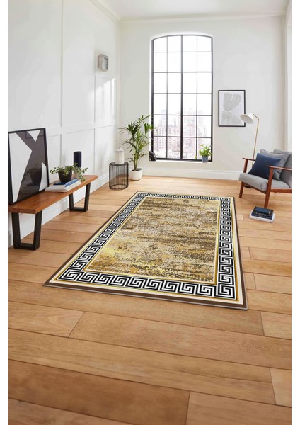 Çerçeveli Klasik Modern Baskılı Yıkanabilir Kaymaz Yolluk Mutfak Salon Halısı, Çerçeveli-106-Kahve,