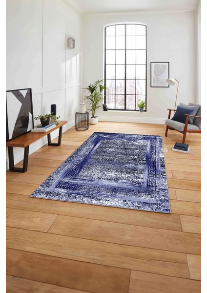 Çerçeveli Modern Sade Baskılı Yıkanabilir Kaymaz Yolluk Mutfak Salon Halısı, Çerçeveli-119-Lacivert,
