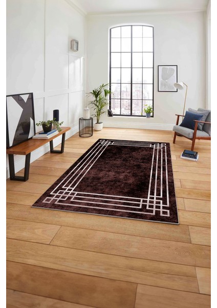 Çerçeveli Zigzag Köşe Detaylı Yıkanabilir Kaymaz Yolluk Mutfak Salon Halısı, Çerçeveli-58-Bordo,