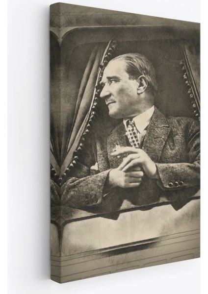 - Mustafa Kemal Atatürk'ün Karakalem Görünümlü Portre Çizimi Dikdörtgen Dekoratif Kanvas Tablo-De-82