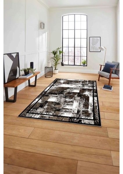 Çerçeveli Modern Dijital Baskılı Yıkanabilir Kaymaz Yolluk Mutfak Salon Halısı, Çerçeveli-77-Kahve,