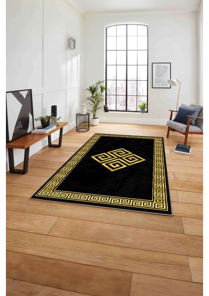 Çerçeveli Vektörel Desenli Yıkanabilir Kaymaz Yolluk Mutfak Salon Halısı, Çerçeveli-82-Antrasit,
